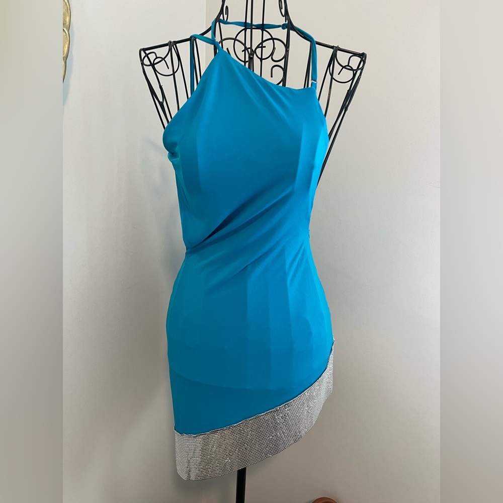 I.AM.GIA Teal Blue Mini Dress with Silver Sequin Hem